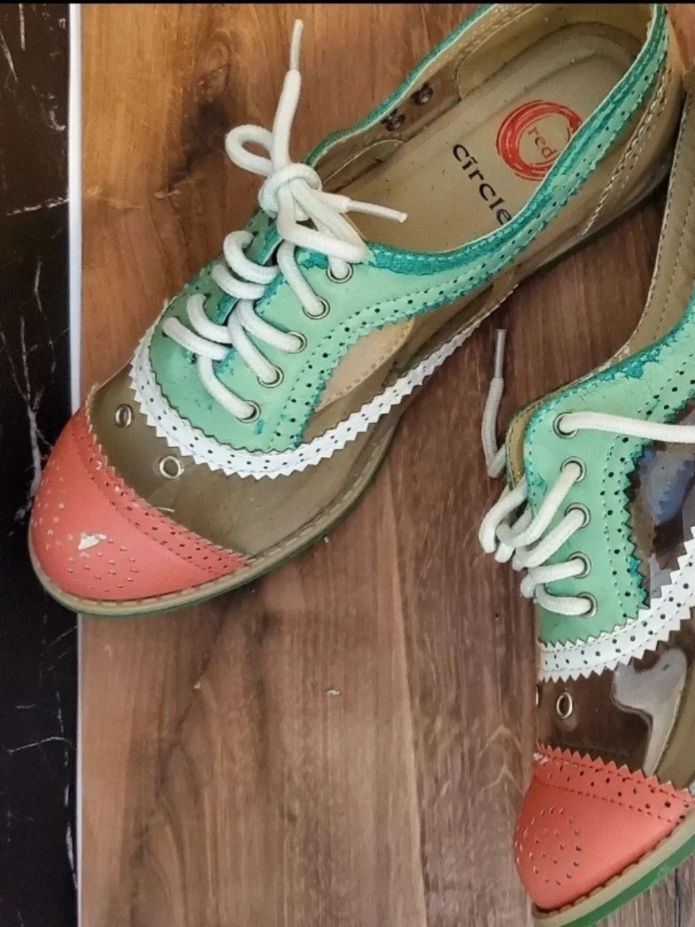 Red Circle Footwear Mint Green and Coral Wingtip Flats